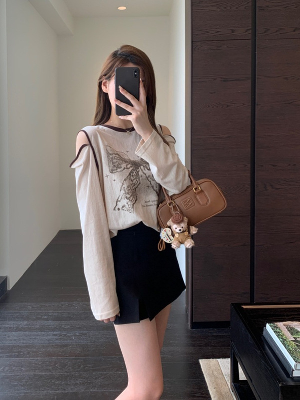 时髦精氛围感漏肩设计印花T恤慵懒显瘦长袖上衣女早秋新款2025|undefined