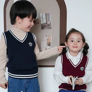V领撞色毛线马甲男童针织背心毛衣女中大儿童校服幼儿园园服批发