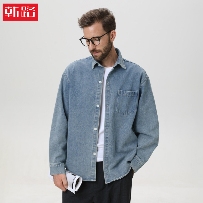 American Retro Original Denim Long-Sleeve Shirt for Men, Autumn Style, Washed Vintage Denim Shirt, Versatile Silhouette Top Jacket