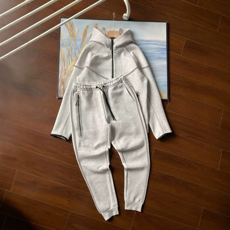 2025 Cross-Border Spring and Autumn Men's Casual Sports Reflective Stripe Cotton Hooded Jacket and Sweatpants Set 754+762