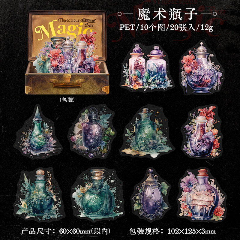 Bolsa de etiqueta de PET de estilo gótico transfronterizo Mojing misteriosa caja mágica serie retro Diario material 20 piezas en 6 tipos
