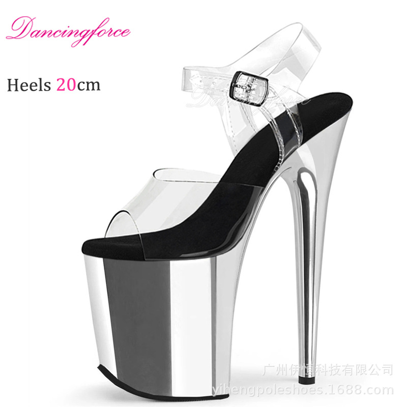 Platino de alta calidad 20cm modelo sexy europeo y americano desfile de club de baile de acero zapatos de tacones ultra altos odiar sandalias