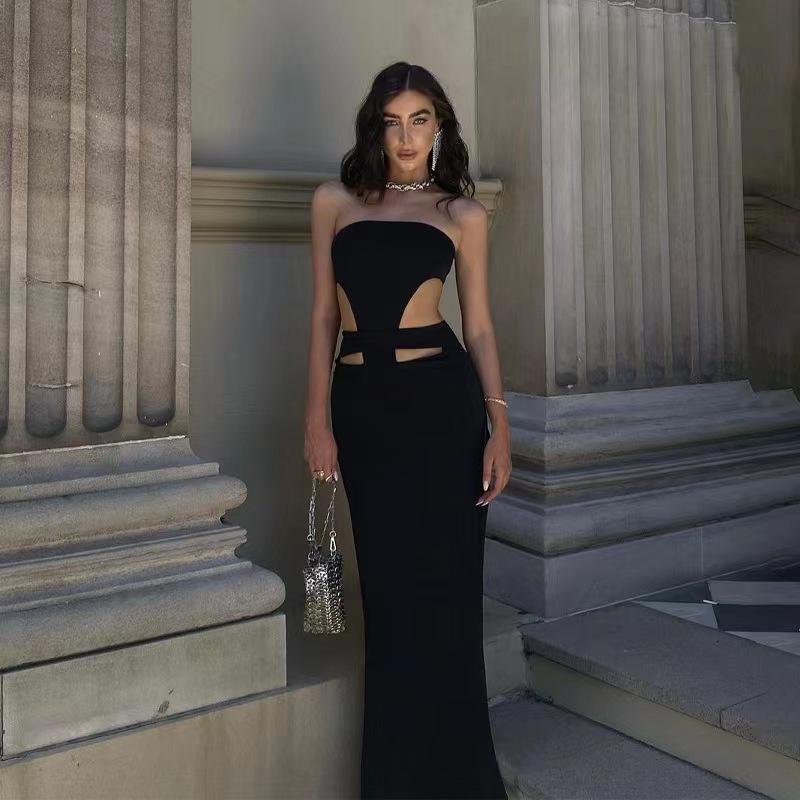 Fashion Sexy Strapless Hollow Out Cutout High Slit Bodycon Evening Dresses For Women_ecoleips.com