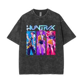 猎魔女团KPOP男女童圆领短袖T恤中大童水洗做旧纯棉上衣跨境代发