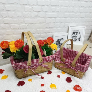 Factory Direct Sales Wood Chip Woven Picnic Basket Outdoor Picnic Snack Fruit Storage Basket Hand-Woven Basket Portable Basket