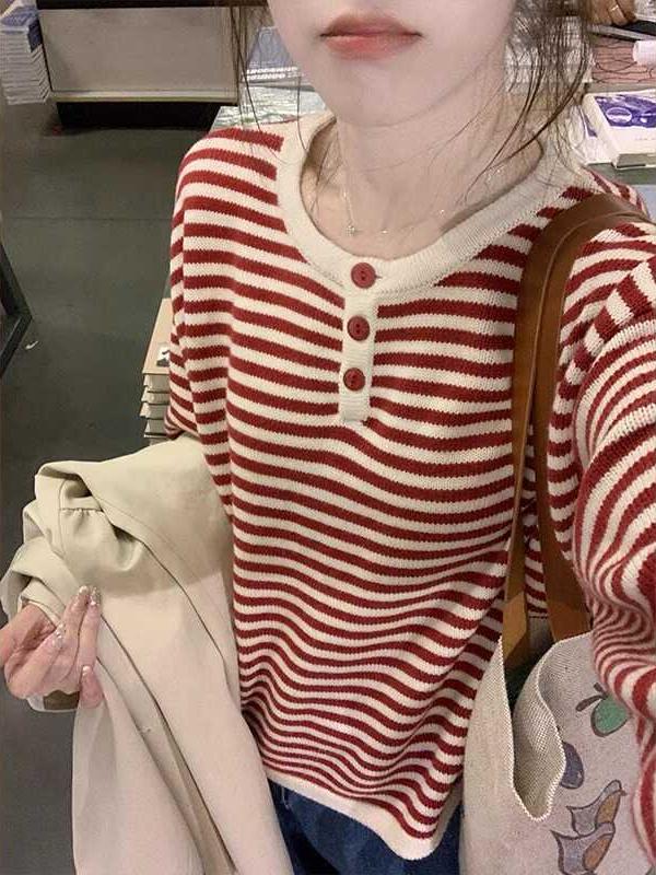 红色条纹毛衣针织衫女早秋氛围感穿搭2025设计感气质法式长袖上衣|undefined
