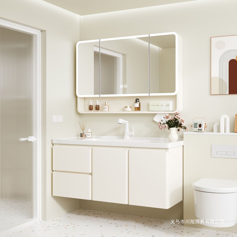 Cream-Colored Stainless Steel Bathroom Cabinet Set with Integrated Honeycomb Aluminum Ceramic Washbasin Cabinet and Vanity Cream-Colored Stainless Steel Bathroom Cabinet Set with Integrated Honeycomb Aluminum Ceramic Washbasin Cabinet and Vanity