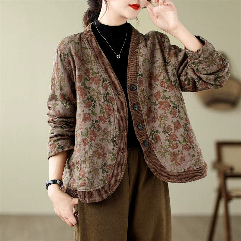 Этнический стиль, литературный дизайн, женская одежда больших размеров, осень-зима 2025, хлопковая куртка в стиле Mori girl, жаккардовая однобортная стеганая куртка для женщин.