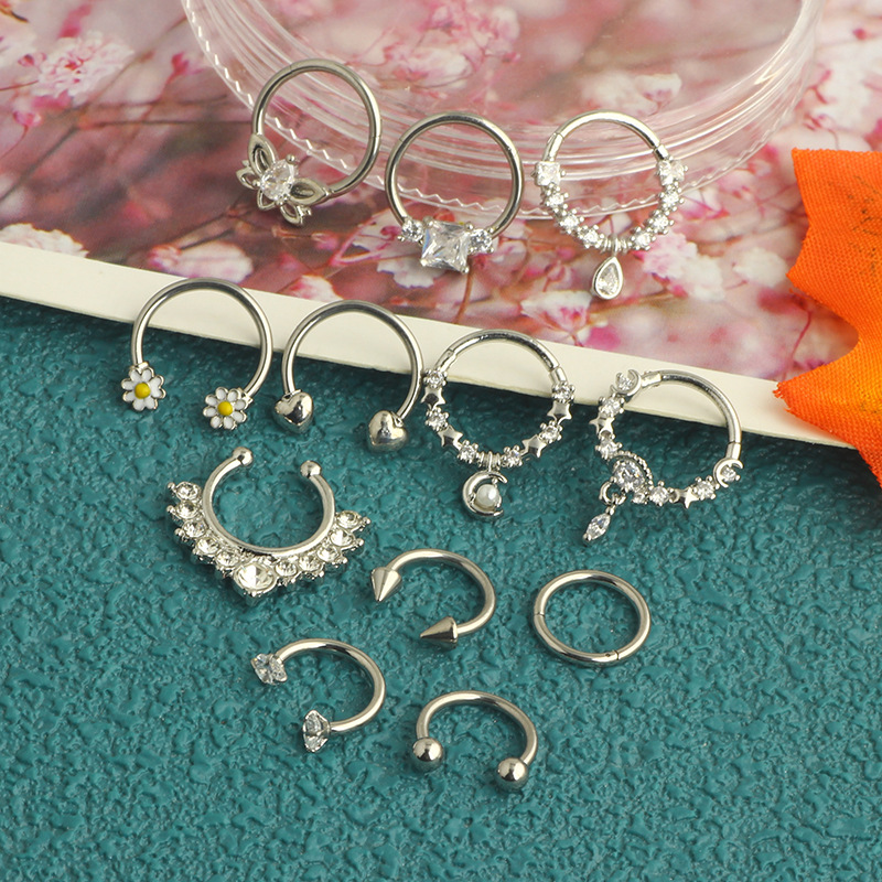 Amazon Hot Sale Nose Ring Set Stainless Steel Micro Inlaid Zircon Chrysanthemum Nose Ring Trend Puncture Nose Nail 12-Piece Set detail image 14