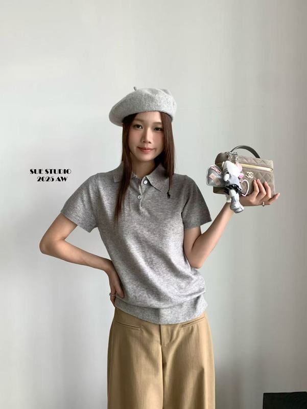 SUE十三行小马刺绣Polo显瘦针织衫秋季新款经典休闲短袖上衣37122|undefined