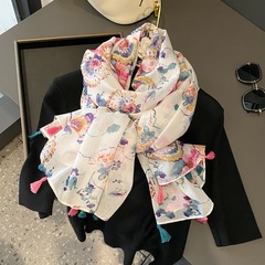 水藍外貿出口棉麻手感圍巾復古民族風彩色花朵薄款流蘇絲巾披肩女