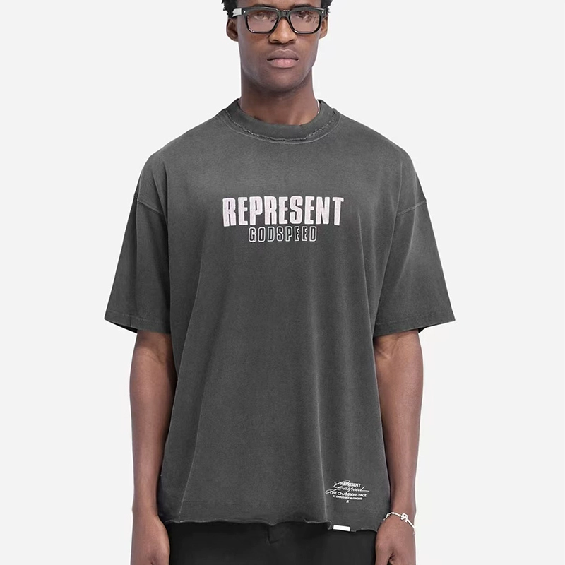 REPRESENT REP Letter Angel Print Ретро стираная рваная уличная свободная повседневная футболка с короткими рукавами для мужчин и женщин