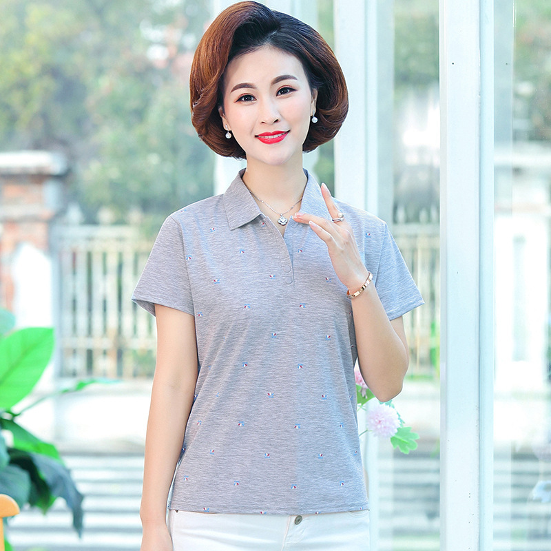 Short-sleeved T-shirt Women's Summer Lapel Loose Middle-aged Mother's Western Style Small Shirt Cotton Middle-aged Summer Top Polo Shirt