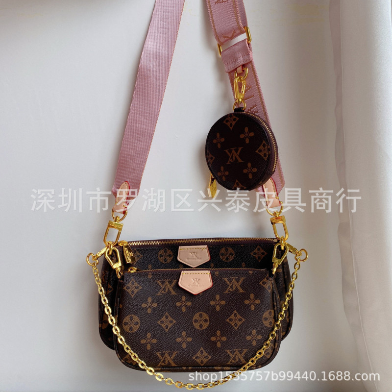 2025 New Old Flower Logo & lv Three-in-One Mahjong Bag Shoulder Crossbody Color Changing Cowhide Leather Women's Bag
