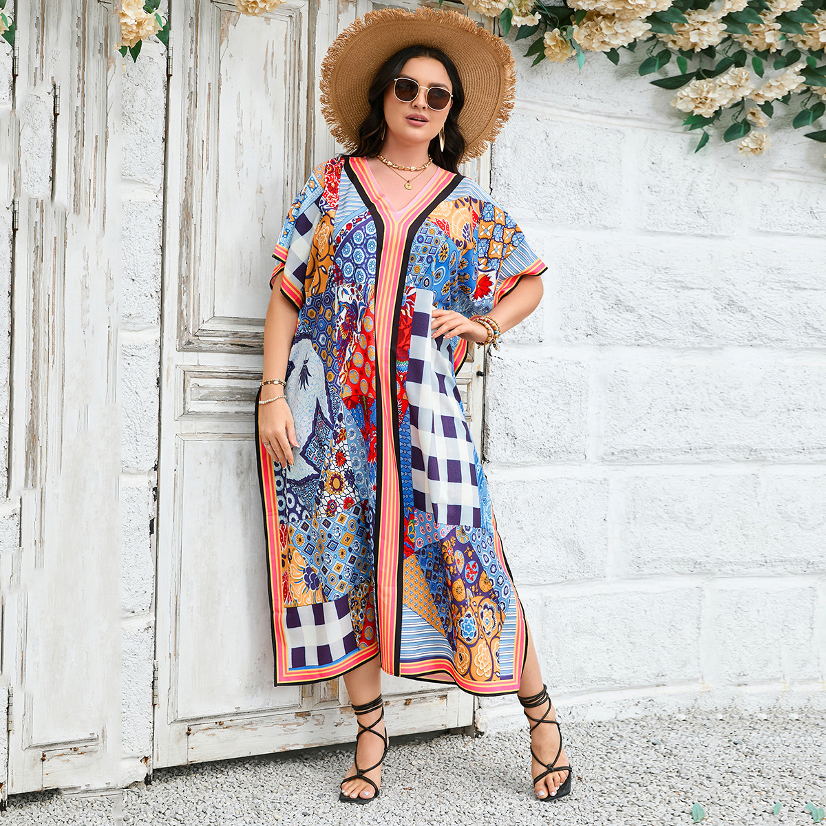 7 colores 2024 transfronteriza nuevo europeo y americano más tamaño vestido playa blusa vacaciones sol protección camisa traje de baño blusa 1d241