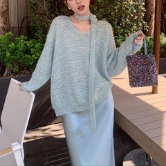 韩系氛围感玫瑰花飘带V领毛衣女秋新款时尚气质温柔风针织衫上衣