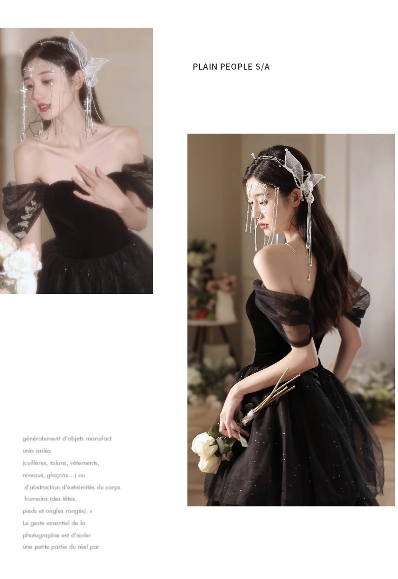 Đầm dạ hội đen lệch vai dáng chữ A thanh lịch — đen chi tiết 12