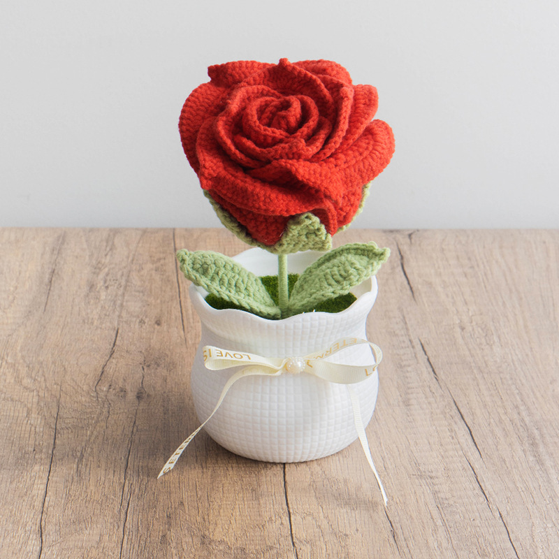Ready-made hand-knitted rose artificial flower potted plants, office desktop potted plants, knitted flower ornaments, artificial flowers wholesale pic 4