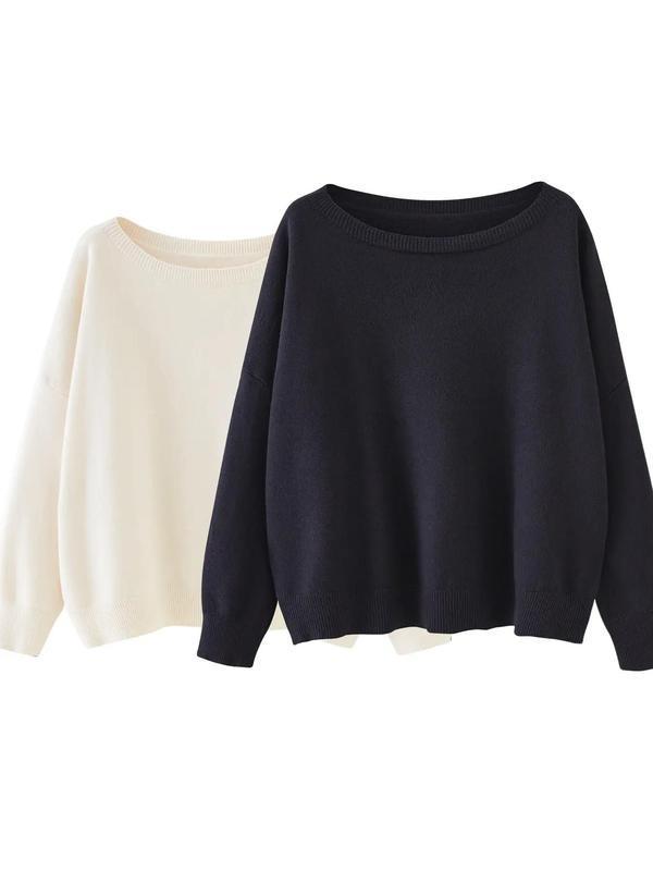 Women's Plain Scoop Neck Sweater Casual Drop Shoulder Long|undefined