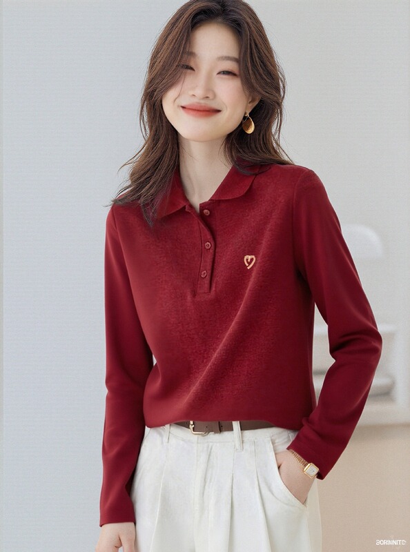 polo衫女衬衣春秋新款红色翻领高级感长袖洋气打底衫POLO领上衣|undefined