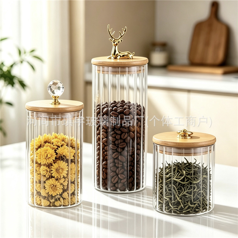 High Borosilicate Striped Glass Sealed Jar Nordic Elk Pull-Ring Household Storage Jar Kitchen Grain and Tea Storage Jar