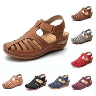 Amazon 2021 new foreign trade summer retro women's sandals breathable hole shoes covered toe velcro round toe wedge