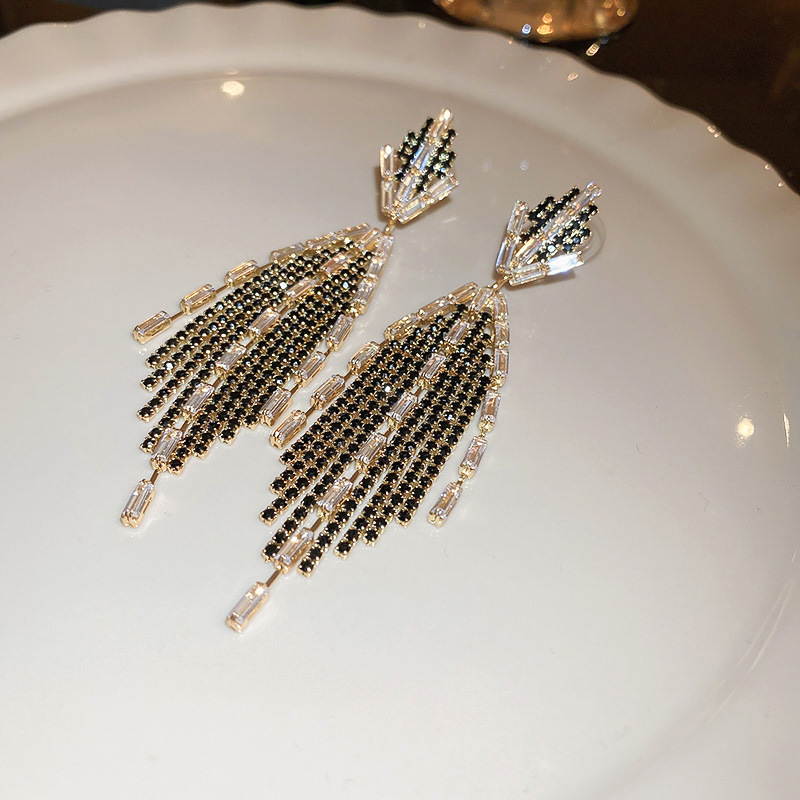 Fashion Tassel Copper Plating Inlay Rhinestones Zircon Drop Earrings 1 Pair