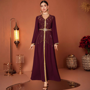 Zf4029 Wine Red Abaya Hand-Sewn Diamond Fashion Dress Metal Belt Musilin Robe