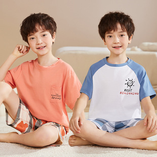 Korean Style Children's Pajamas Home Clothes Pure Cotton Summer Clothes Short-sleeved suit Fashionable Loose Boys Children's Home Clothes Trendy