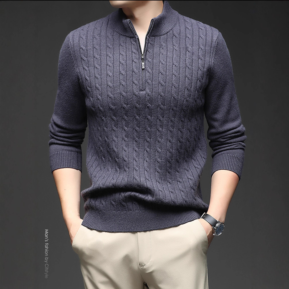 Jacquard de color sólido transfronterizo jersey de punto de aguja de invierno de mediana edad hombre casual suéter de semicirremolca