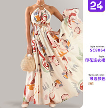 2025春夏新款 女装欧美新品修身大摆 吊带拼接印花长裙沙滩连衣裙