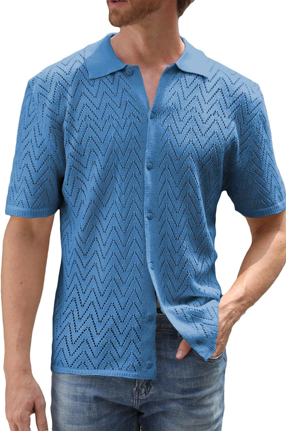 Summer New European And American Casual Knitted Short-sleeve Shirt, Cardigan, Solid Color Hollow Top Men's Clothing_voghion.com