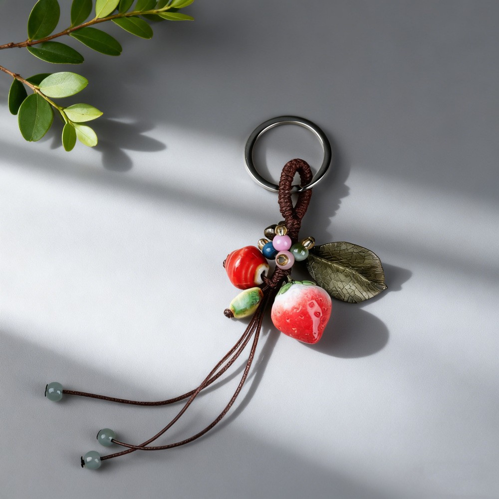 Jingdezhen cerámica hecha a mano colgante de cadena de teléfono móvil pareja llavero de dibujos animados frutas hojas de fresa colgar joyas