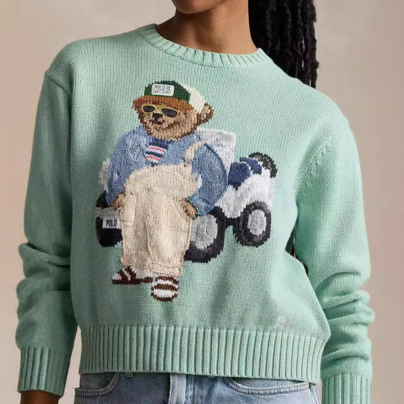 ポニー~秋冬レディースセーター、クマ刺繍、クマ織り花柄、ニットラウンドネックプルオーバートップス、万能|undefined