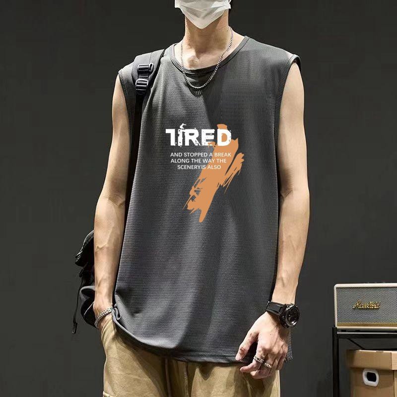 Cross-Border Vest Men's Summer Ice Silk Vest Sports Sweatshirt Trendyy Printed Sleeveless Loose Quick-Drying Breathable T-Shirt