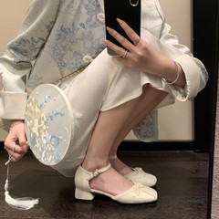 里外全真皮！2024新款方頭淺口中跟一字帶新中式國風牛皮涼單鞋女