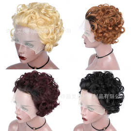 外贸卷发13X1蕾丝真人发假发Pixie Cut Human Hair Wig小精灵头套