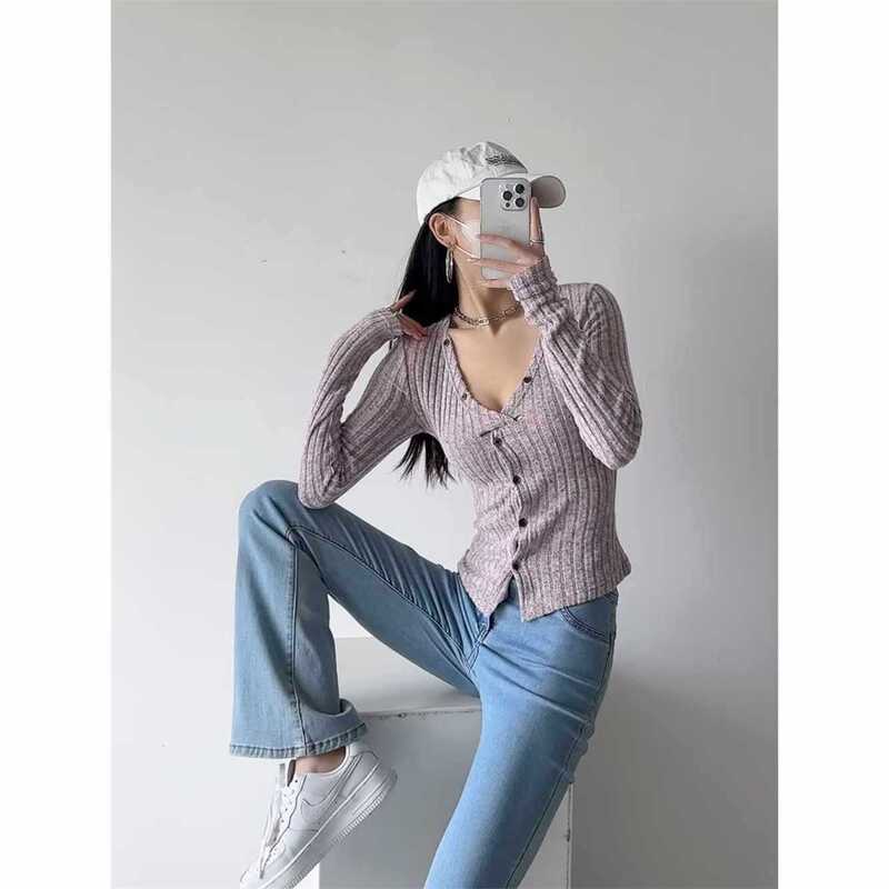 Trendy Women's Autumn Twisted Cross-Neck Single-Breasted Ribbed Knit Sweater Slim-Fit Base Shirt Top