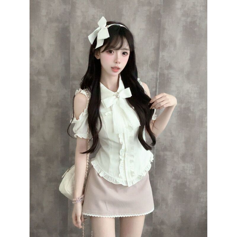 In-Stock Nana Komatsu Sweet and Unique Design Clear-Cut Style Women's Summer Off-Shoulder Shirt and High-Waisted Skirt Two-Piece Set In-Stock Nana Komatsu Sweet and Unique Design Clear-Cut Style Women's Summer Off-Shoulder Shirt and High-Waisted Skirt Two-Piece Set