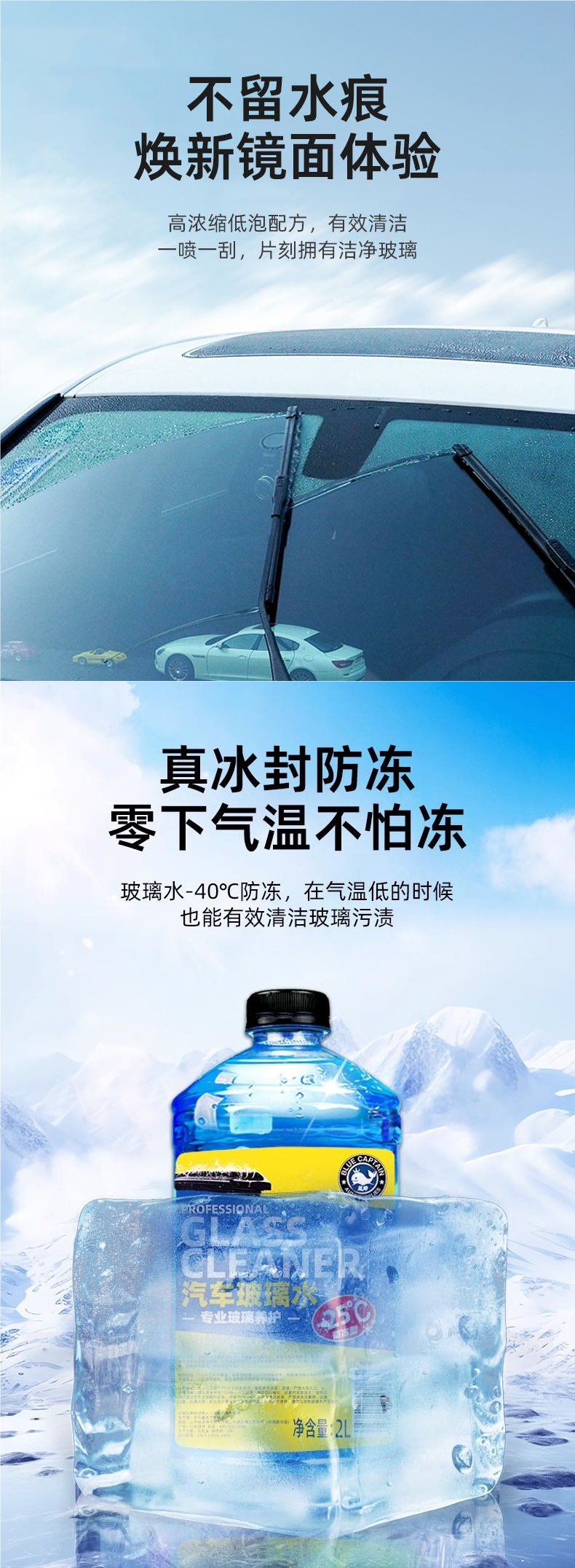 Blue Shuai Car Glass Cleaner, Powerful Stain and Oil Film Remover, Specialized Wiper Fluid for Cars, Winter Antifreeze Resistant to Minus 40 Degrees