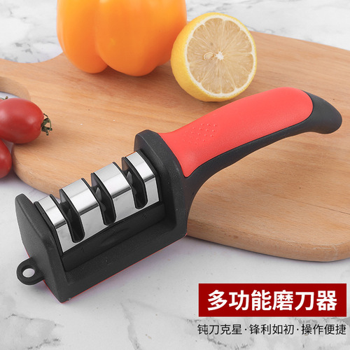 Black and red double ceramic manual three-stage knife sharpener, gift multi-functional knife sharpener, kitchen household whetstone