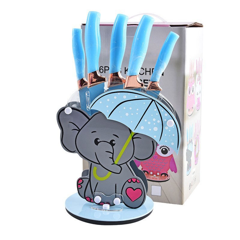 Venta caliente de comercio exterior Mango de patrón de nube de flujo Soporte de dibujos animados de acrílico creativo Juego de cuchillos de cocina de acero inoxidable de seis piezas