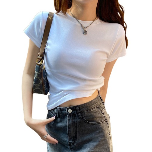 New American-style solid color summer women's slimming black round neck short-sleeved T-shirt with elasticity