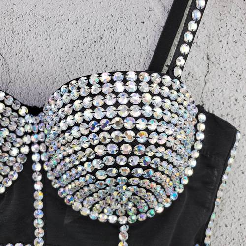 Women bling jazz dance bra tops singers gogo dancer stage performance diamond mesh camisole vest for adult personality hot girl pole dance top for lady