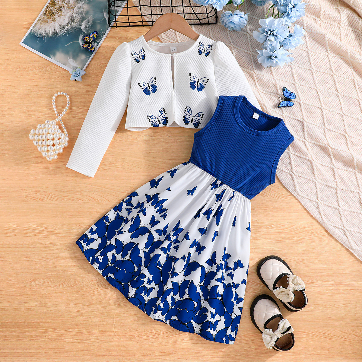 2024 INS autumn blue butterfly full print girls' coat dress two-piece set at home and abroad_voghion.com
