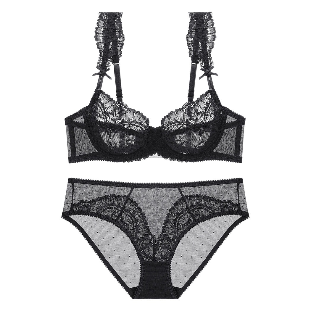 Traje de ropa interior sexy de encaje más tamaño sujetador transparente fino pecho grande lado pequeño cerrado traje de sujetador de mujer antideslizante