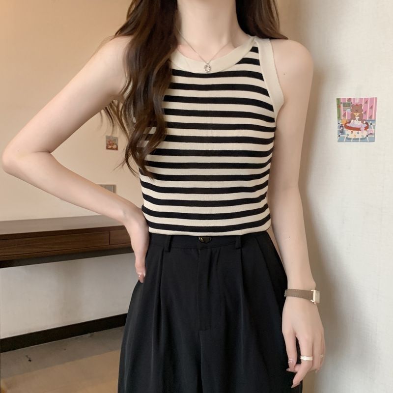 Summer new striped vest camisole women's inner sleeveless knitted bottoming slim slimming short western style top Korean style Summer new striped vest camisole women's inner sleeveless knitted bottoming slim slimming short western style top Korean style