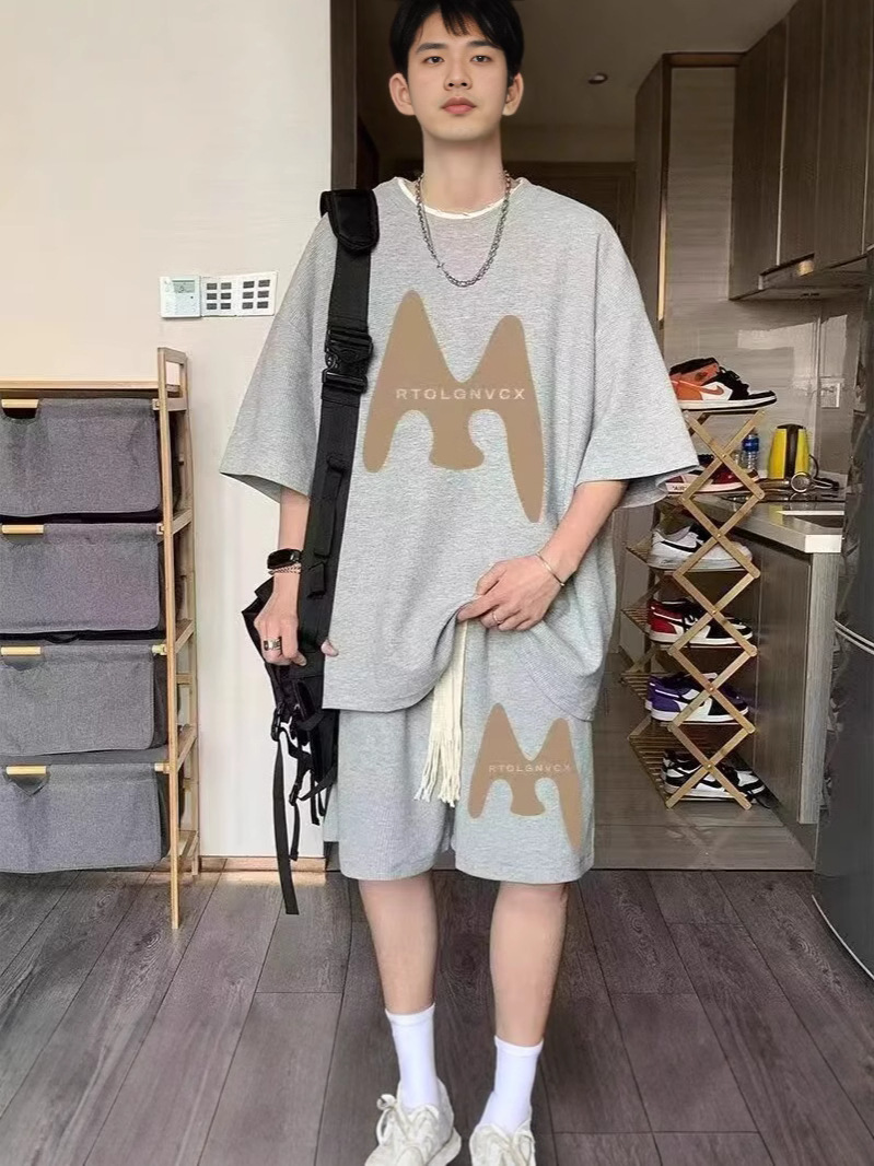 Camisas menos ropa verano para hombres nuevo waffle traje de manga corta deportes casuales de dos piezas en uno guapo y suelto