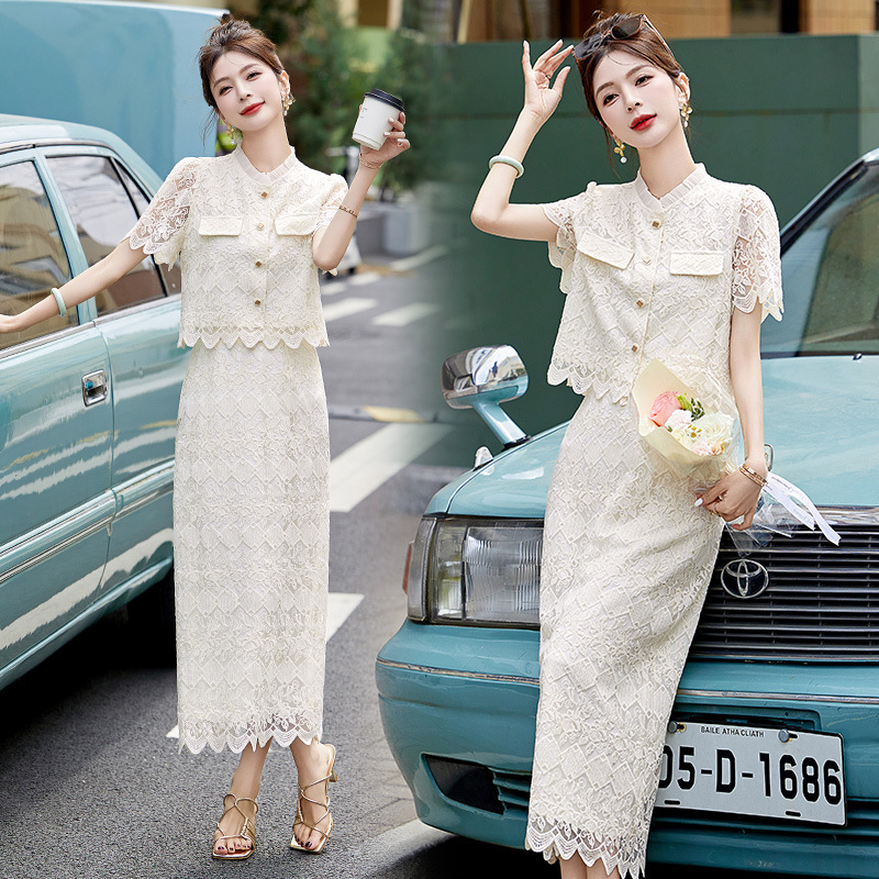 高级感蕾丝连衣裙2024年夏季新款小香风显瘦职业白色半身裙套装裙