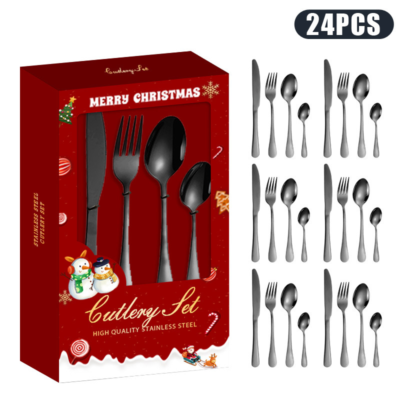 Juego de cucharas, tenedores y cucharas de acero inoxidable transfronterizo Juego de 24 piezas de vajilla Juego creativo de Navidad Caja de regalo de cuchara y tenedor dorado Regalo de la reunión anual